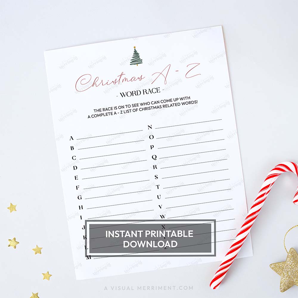 Printable modern christmas A-Z word race game sheet with candy cane and star decorations