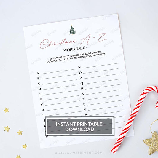 Printable modern christmas A-Z word race game sheet with candy cane and star decorations