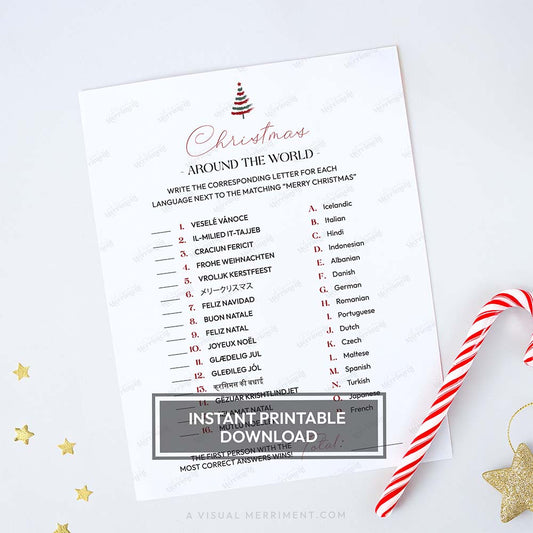 Printable modern christmas around the world game sheet with candy cane and star decorations