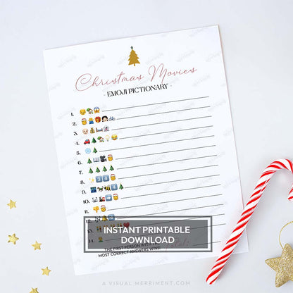 Modern tree design printable christmas game sheet - emoji pictionary christmas movies
