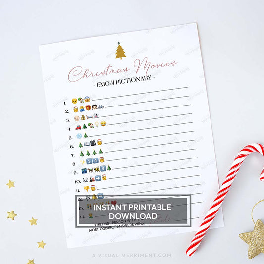 Modern tree design printable christmas game sheet - emoji pictionary christmas movies