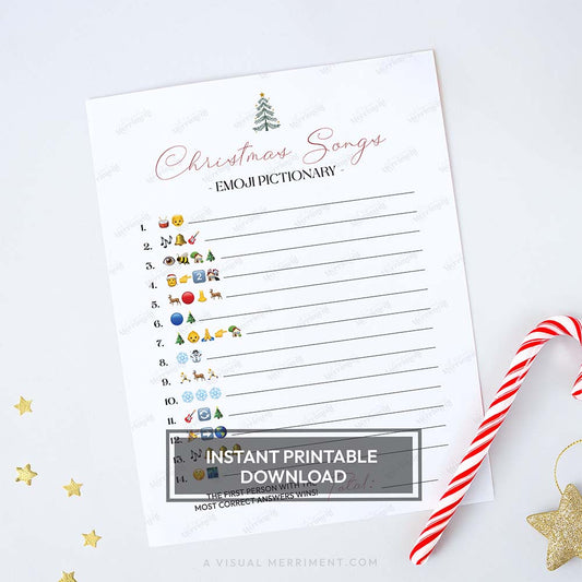 Modern tree design printable christmas game sheet - emoji pictionary christmas songs