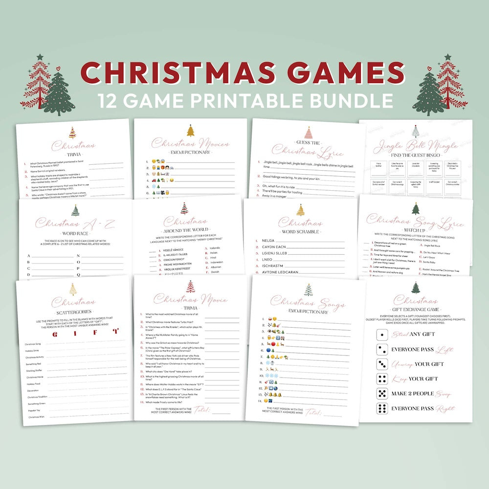 Collection of printable Christmas game sheets on a light green background with Christmas tree graphics.