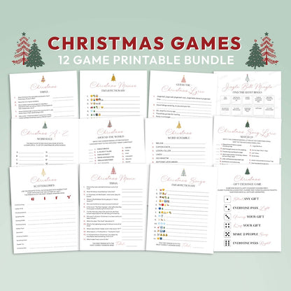 Collection of printable Christmas game sheets on a light green background with Christmas tree graphics.