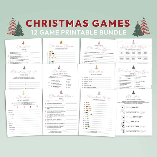 Collection of printable Christmas game sheets on a light green background with Christmas tree graphics.
