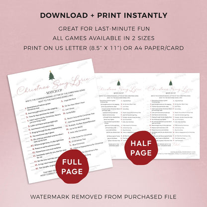 Printable Christmas Song Lyric game sheets on a pink background with text about download and print options.