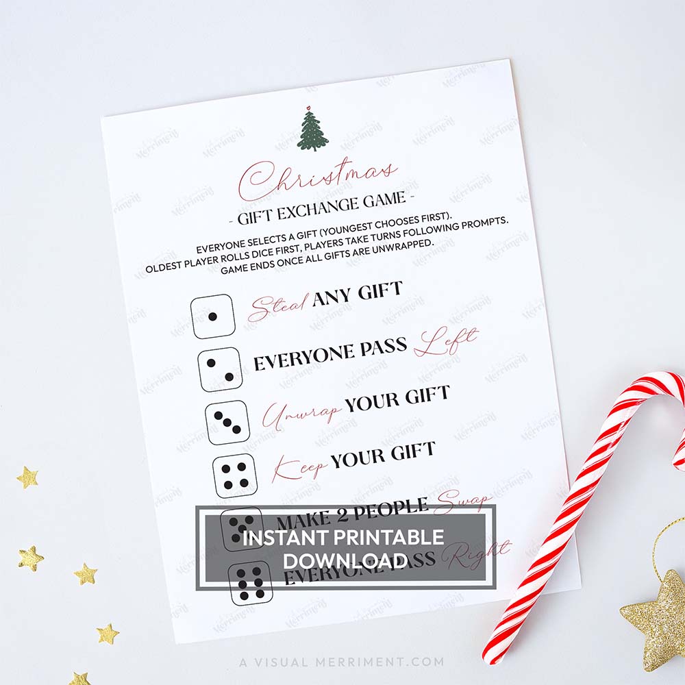 Modern tree design printable christmas game sheet - roll the dice gift exchange