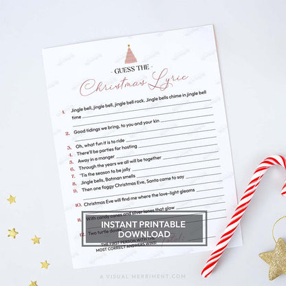 candy cane with modern tree design printable christmas game sheet - guess the christmas lyric