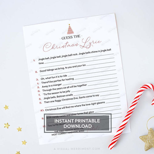 candy cane with modern tree design printable christmas game sheet - guess the christmas lyric