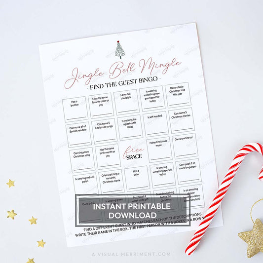 Printable modern christmas jingle bell mingle bingo game sheet with candy cane and star decorations