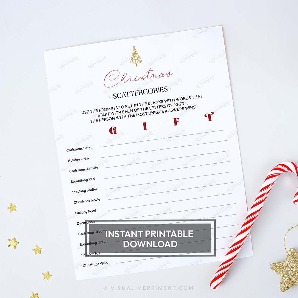 Printable modern christmas scattergories game sheet with candy cane and star decorations