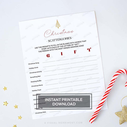 Printable modern christmas scattergories game sheet with candy cane and star decorations