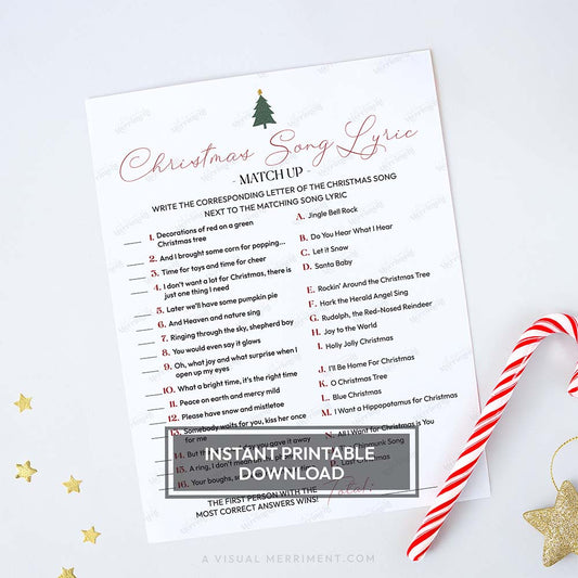 candy cane with modern tree design and printable christmas song lyric game sheet 