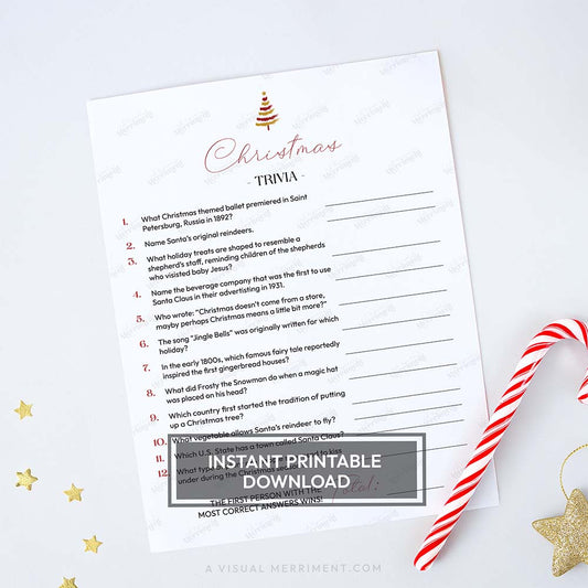 candy cane with modern tree design printable christmas game sheet - general christmas trivia