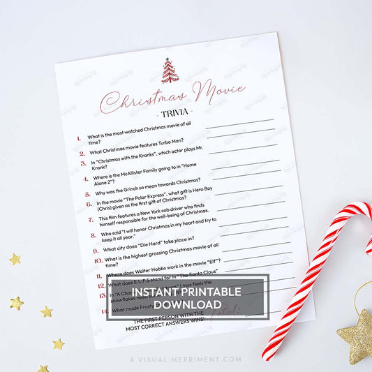 Printable modern christmas movies trivia game sheet with candy cane and star decorations