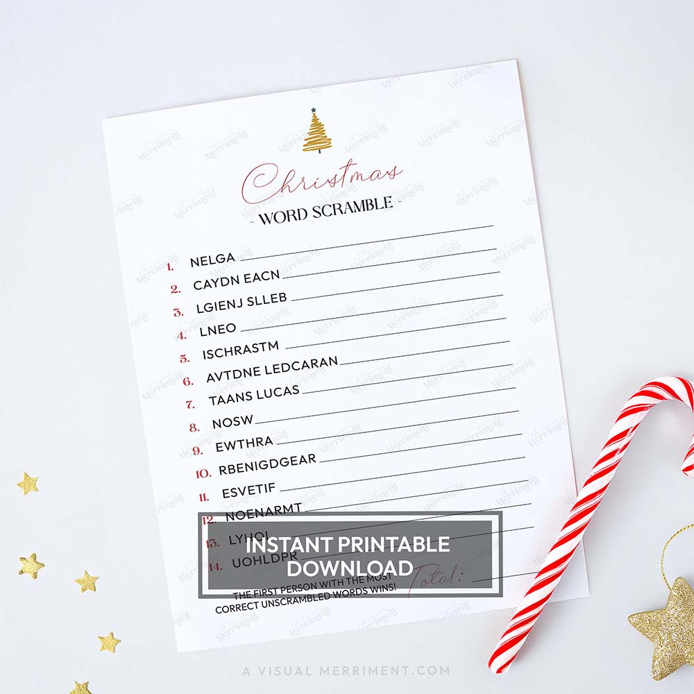 Printable modern christmas word scramble game sheet with candy cane and star decorations