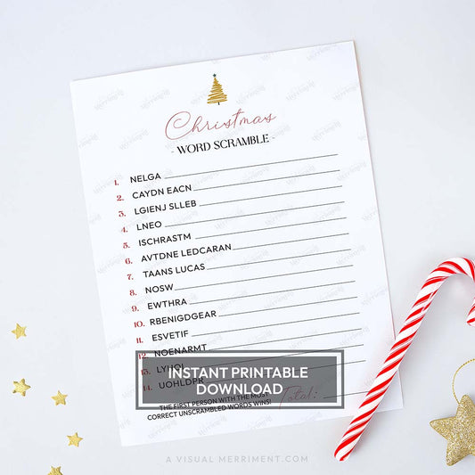 Printable modern christmas word scramble game sheet with candy cane and star decorations