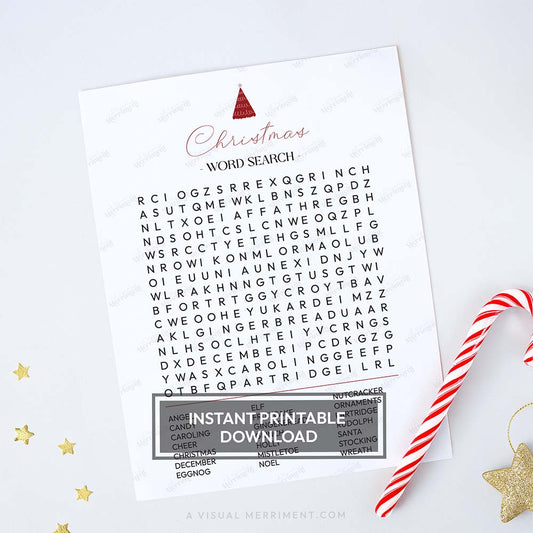 Printable modern christmas word search game sheet with candy cane and star decorations