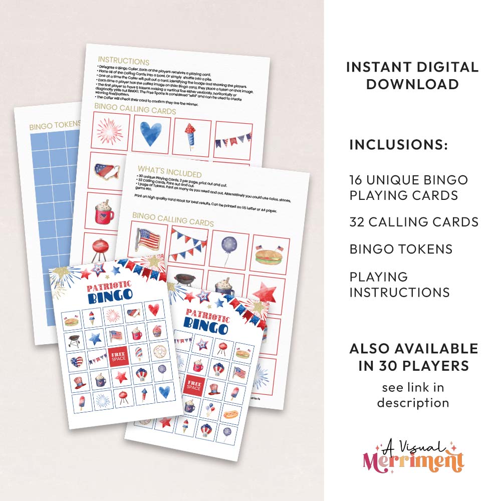inclusions of printable patriotic bingo game for 16 players