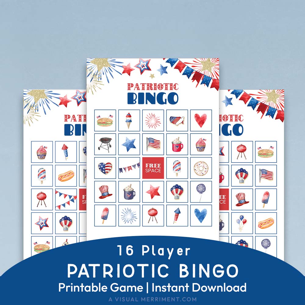 3 printable patriotic bingo game pages with product text banner for 16 players