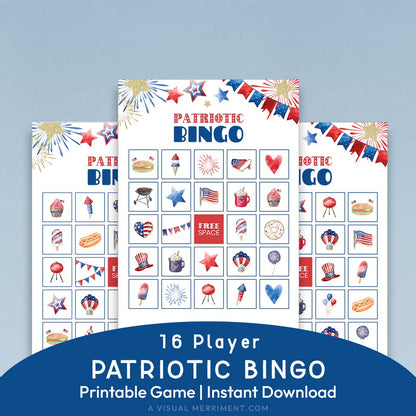 3 printable patriotic bingo game pages with product text banner for 16 players