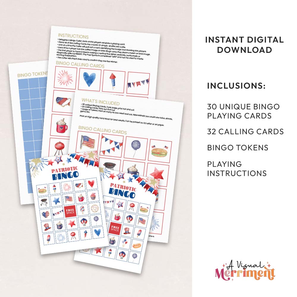30 player printable patriotic bingo game inclusions with pages and playing cards