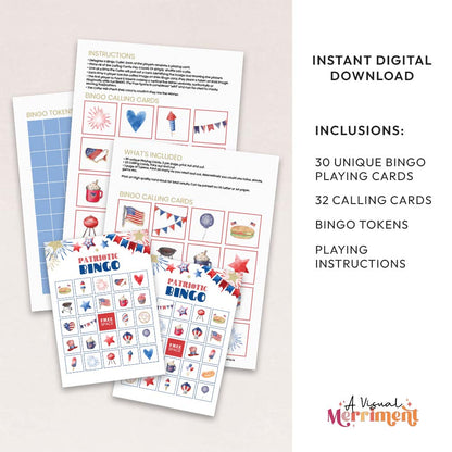 30 player printable patriotic bingo game inclusions with pages and playing cards