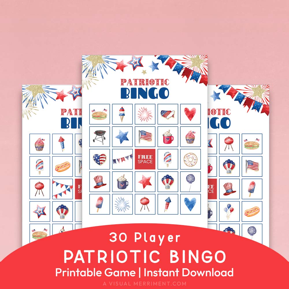 3 printable patriotic bingo game cards with 30 player text
