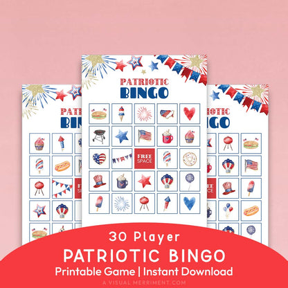 3 printable patriotic bingo game cards with 30 player text