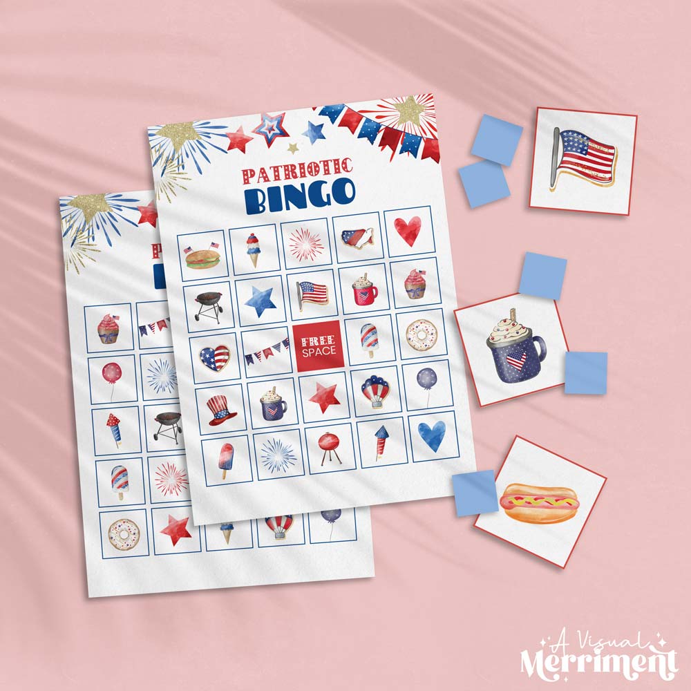 printed patriotic bingo game cards, calling cards and tokens