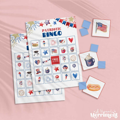 printed patriotic bingo game cards, calling cards and tokens