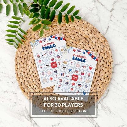 patriotic bingo game cards on mat and marble with 30 player availability text