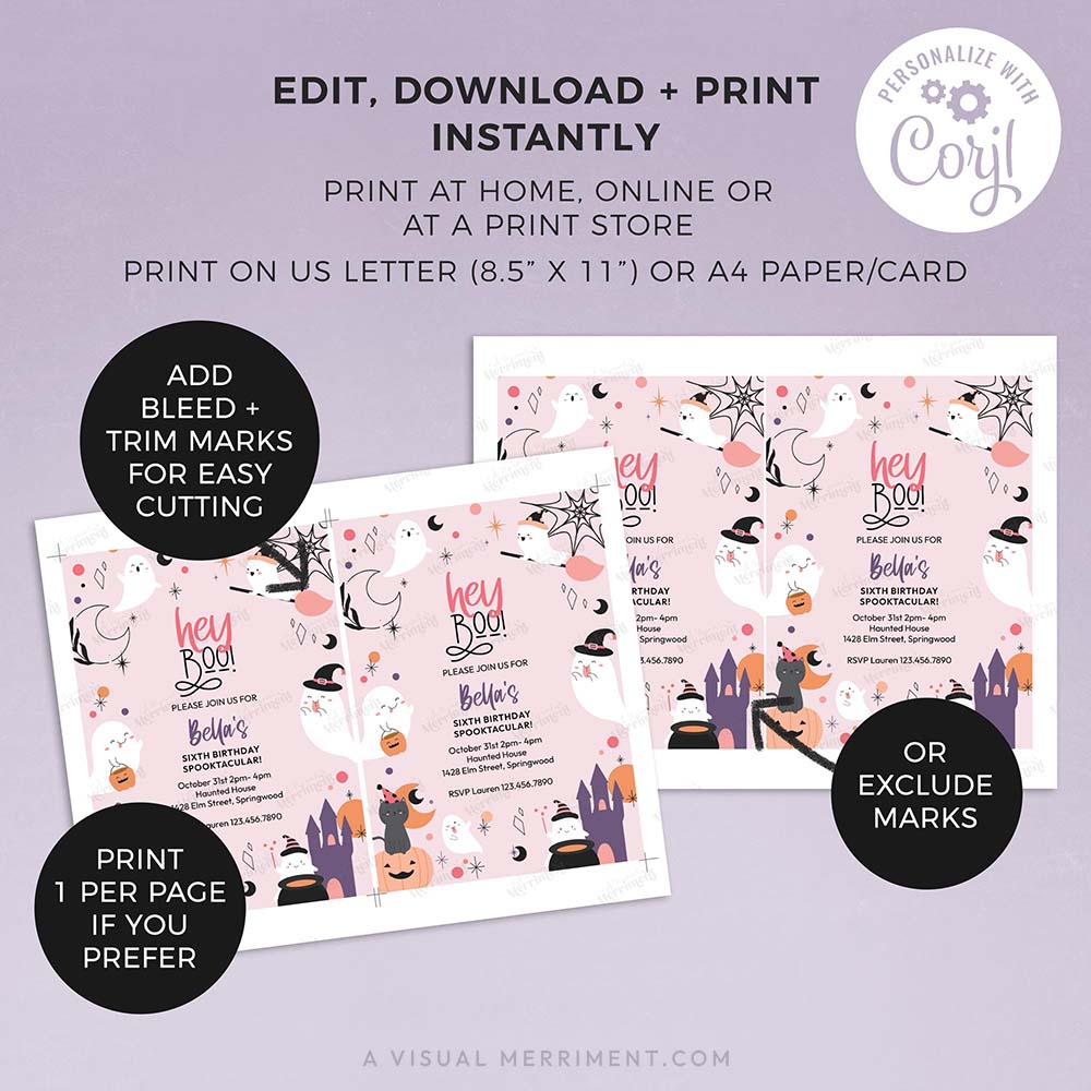 editing and printing instructions with pages of hey boo printable pink ghost Halloween party invitation
