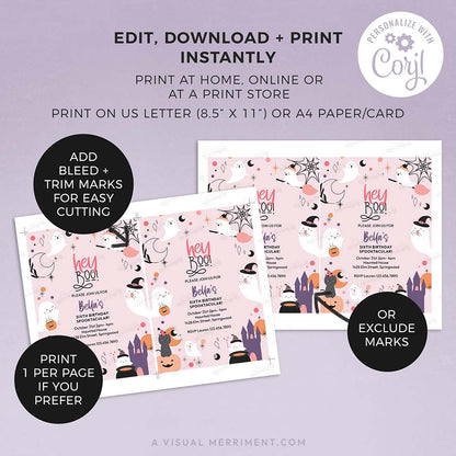 editing and printing instructions with pages of hey boo printable pink ghost Halloween party invitation