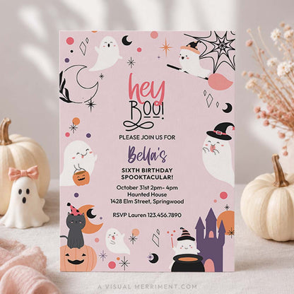 hey boo printable pink ghost Halloween party invitation with ghosts, cat, castle, stars and pumpkins