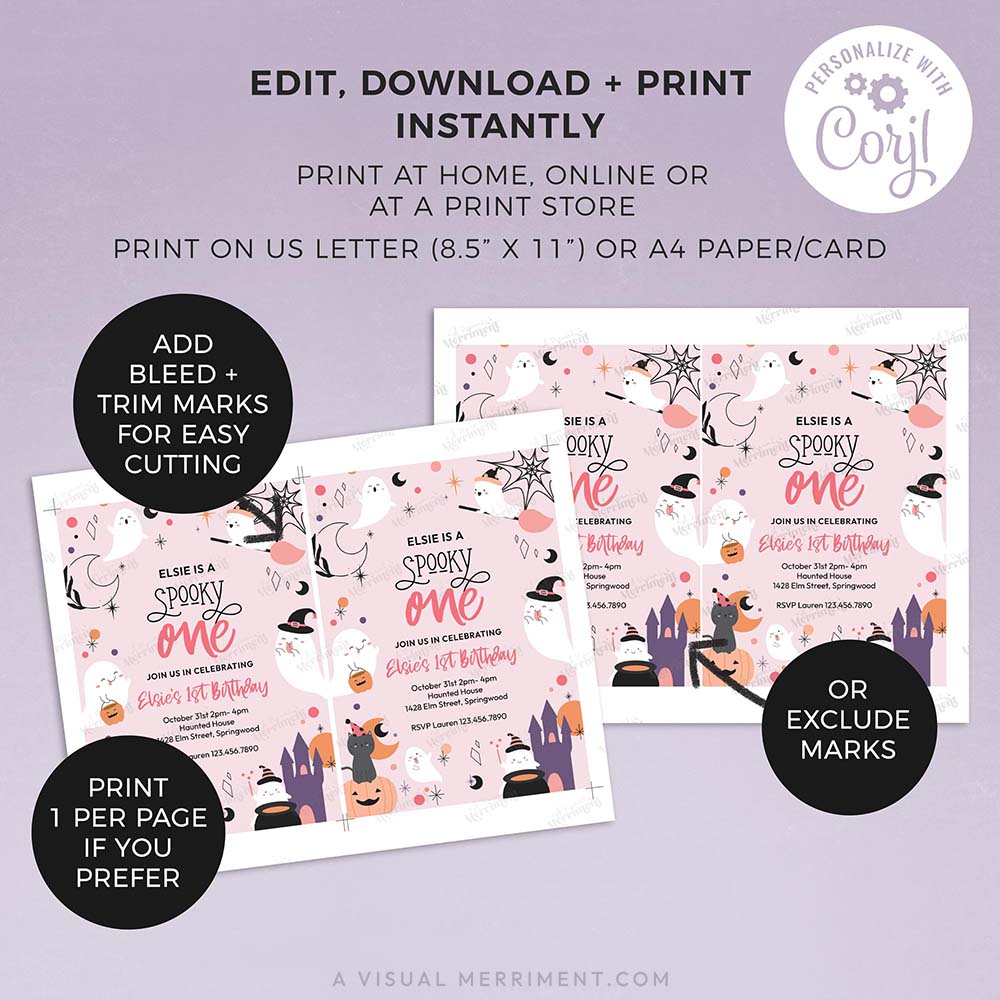 instructions with pages of pink spooky one birthday invitation with ghosts, pumpkins, stars in a celestial design