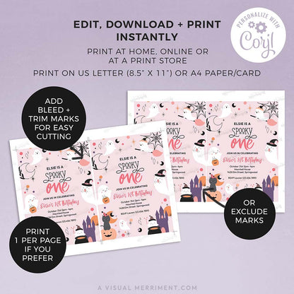 instructions with pages of pink spooky one birthday invitation with ghosts, pumpkins, stars in a celestial design