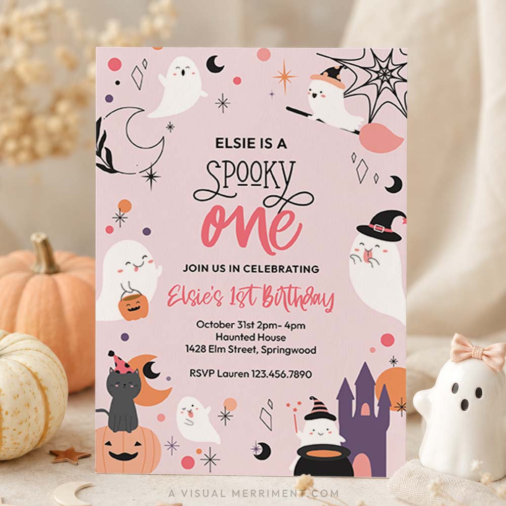 pink spooky one birthday invitation with ghosts, pumpkins, stars in a celestial design set against boho fall scene