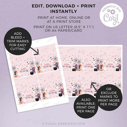 graphic with pages of printed pink halloween food place card with ghost and celestial design
