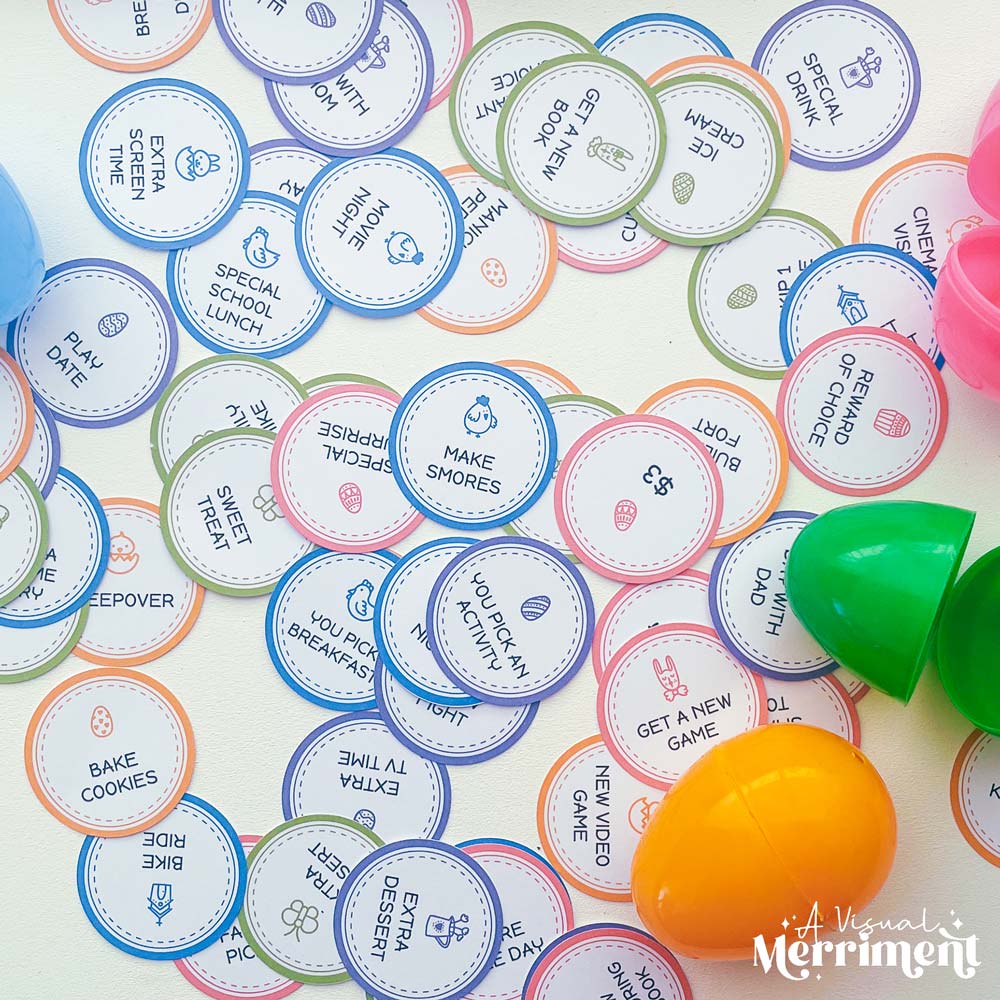 scattered colorful printable easter egg tokens with plastic eggs