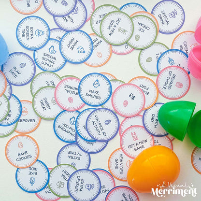 scattered colorful printable easter egg tokens with plastic eggs