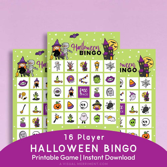 cute printable halloween bingo cards on purple background