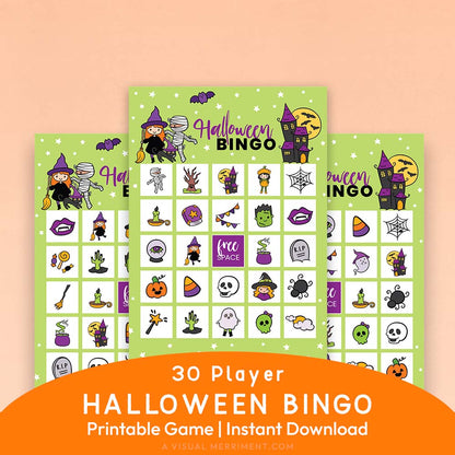 green cute printable halloween bingo game cards on orange background