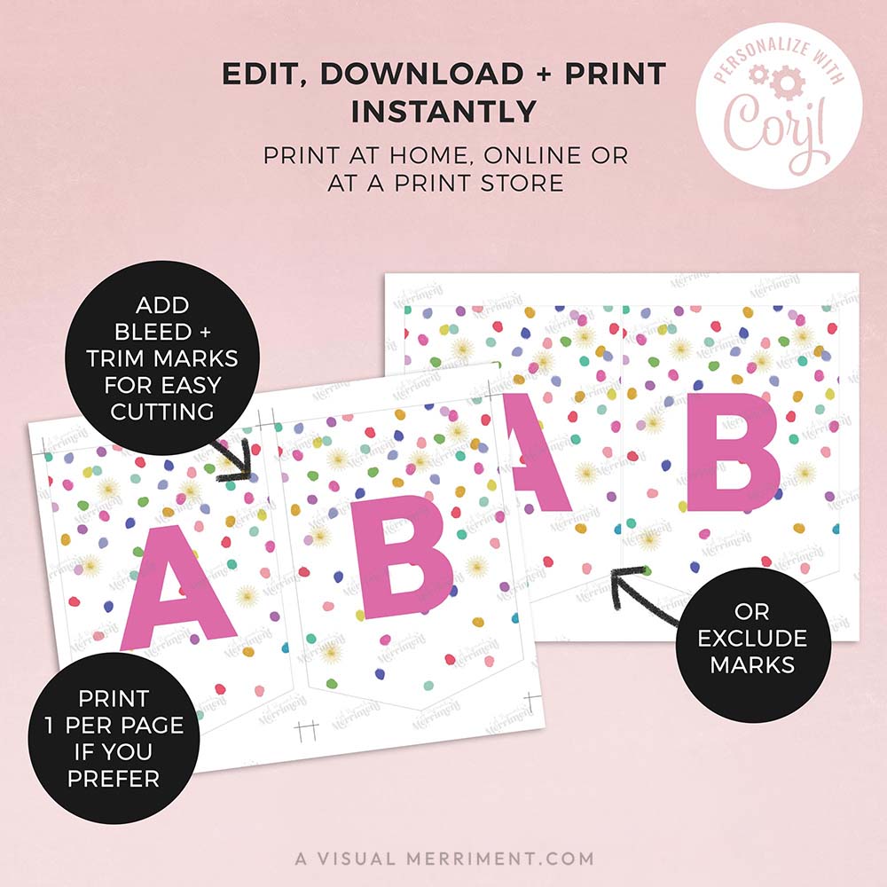 2 pages with instructions for printing editable banner template with colorful rainbow confetti design