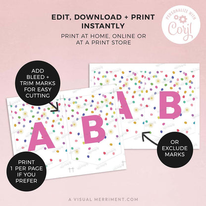 2 pages with instructions for printing editable banner template with colorful rainbow confetti design