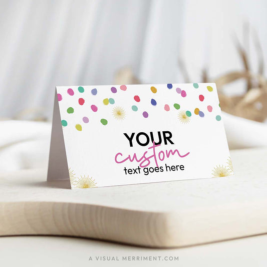 colorful polka dot rainbow confetti custom text printable place cards template on board