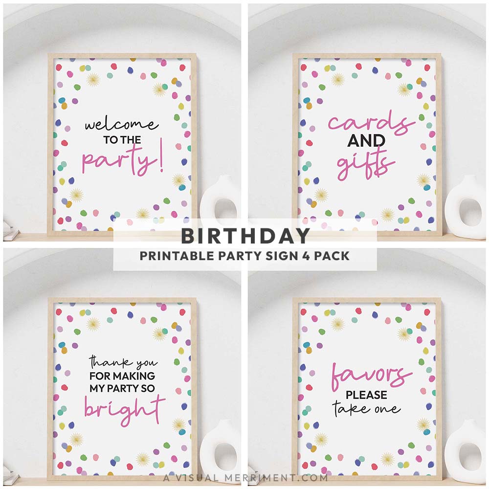 set of 4 rainbow confetti polka dots birthday printable party signs in frames