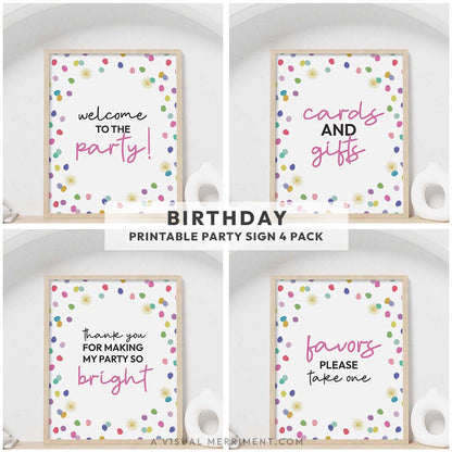 set of 4 rainbow confetti polka dots birthday printable party signs in frames