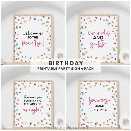 set of 4 rainbow confetti polka dots birthday printable party signs in frames