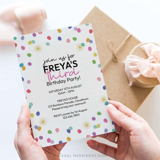 hands holding birthday invitation colorful dots and gifts in backgrounds